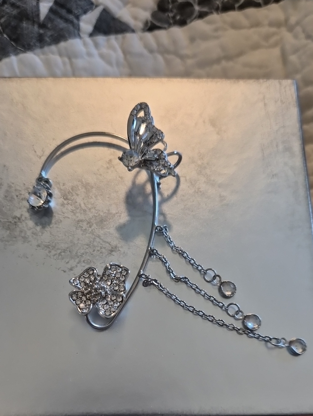 Silver Crystal Butterfly & Floral Ear Cuff with Dangle Chains
